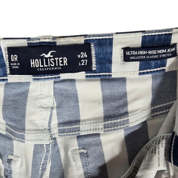 Hollister Jeans Womens 0R Blue White Striped Ultra High-Rise Mom Stretch W24 L27 - Picture 5 of 11